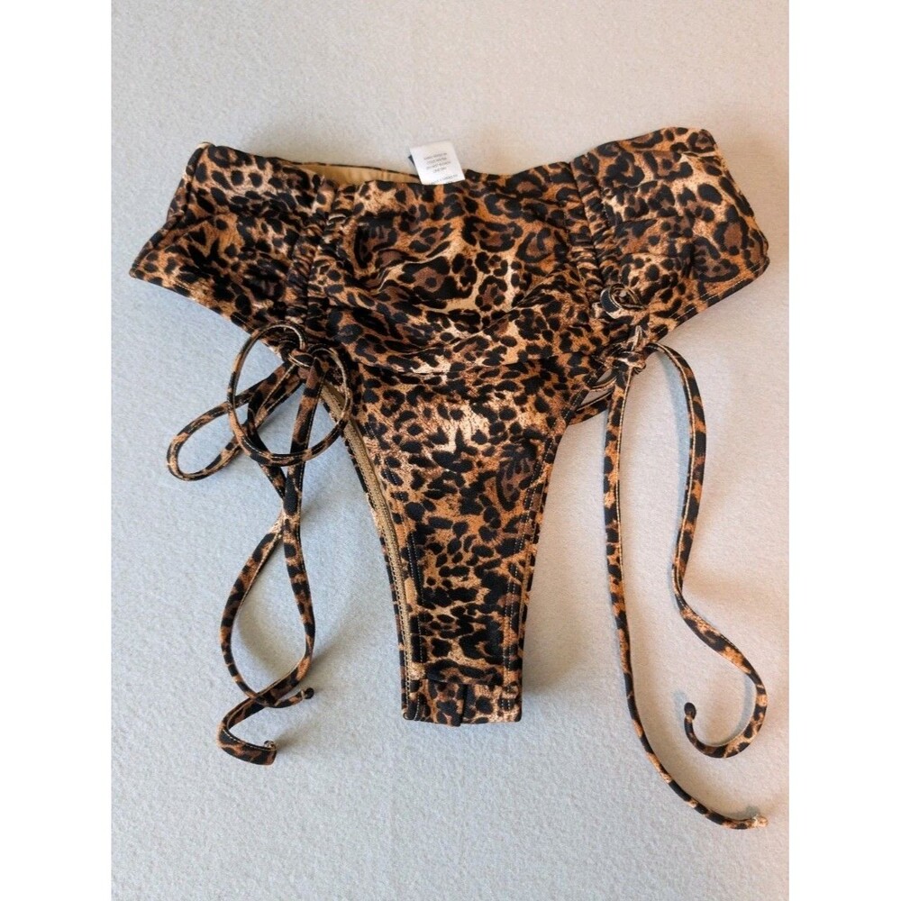 Fashion Nova Leopard Ruched Scrunch Swim Bikini Bottoms High Cut Cheeky Sz L